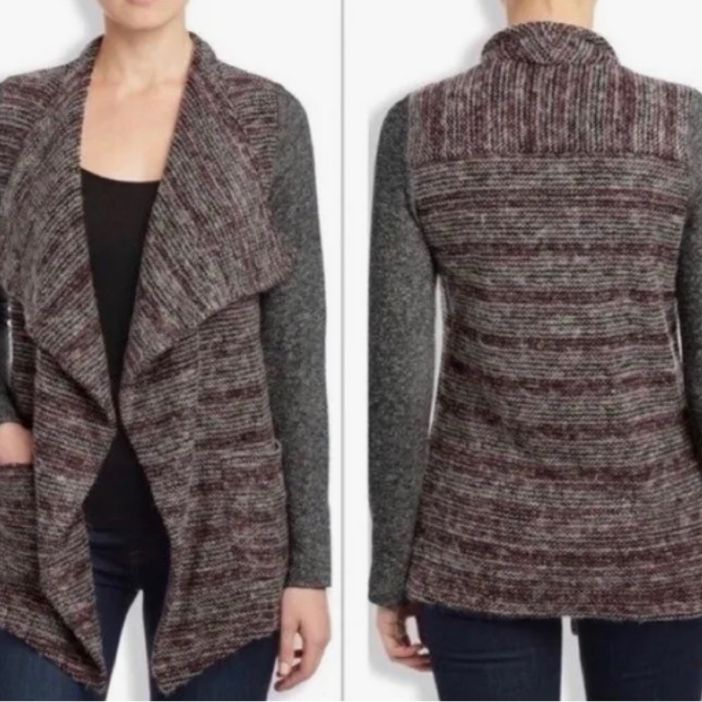EUC Lucky Brand Size Large Knit Wool Blend Open Front Cardigan Red Black